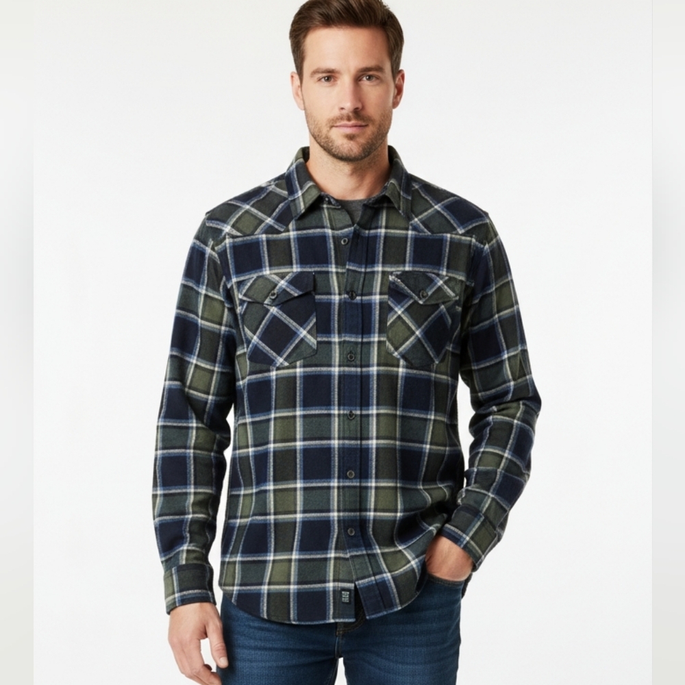 Wrangler Shirt Button Down Long Sleeve Tartan Plaid Flannel Green Blue 2XL